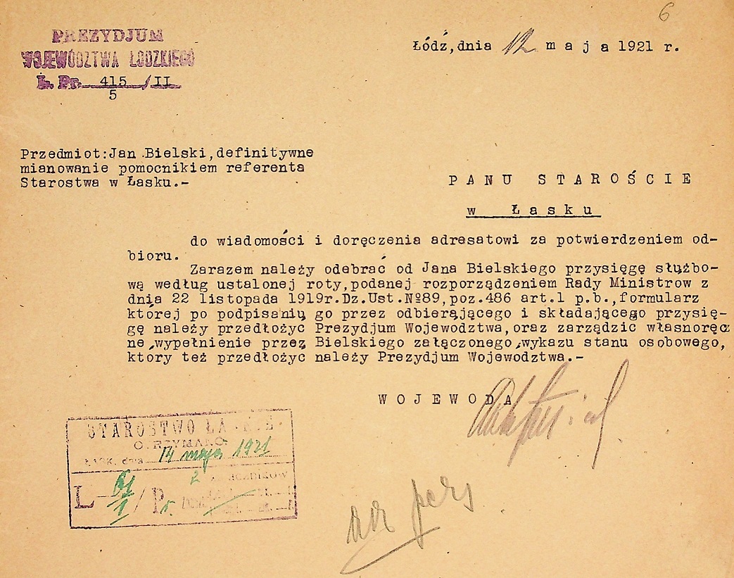 Pismo w sprawie odebrania służbowej przysięgi urzędniczej od Jana Bielskiego, 1921 r.
